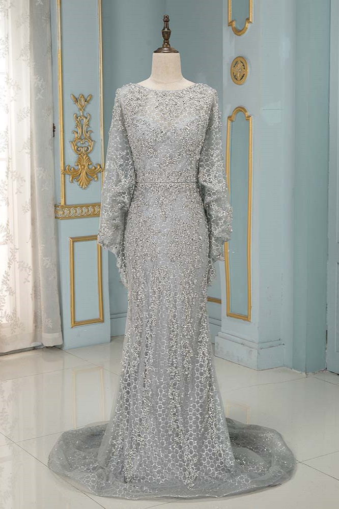 BMbridal Elegant Jewel Long Sleeves Mermaid Prom Dresses with Appliques Beadings