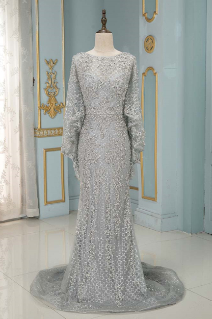 BMbridal Elegant Jewel Long Sleeves Mermaid Prom Dresses with Appliques Beadings