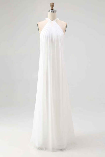 Flowy Sky Blue Chiffon A Line Halter Backless Long Prom Dress