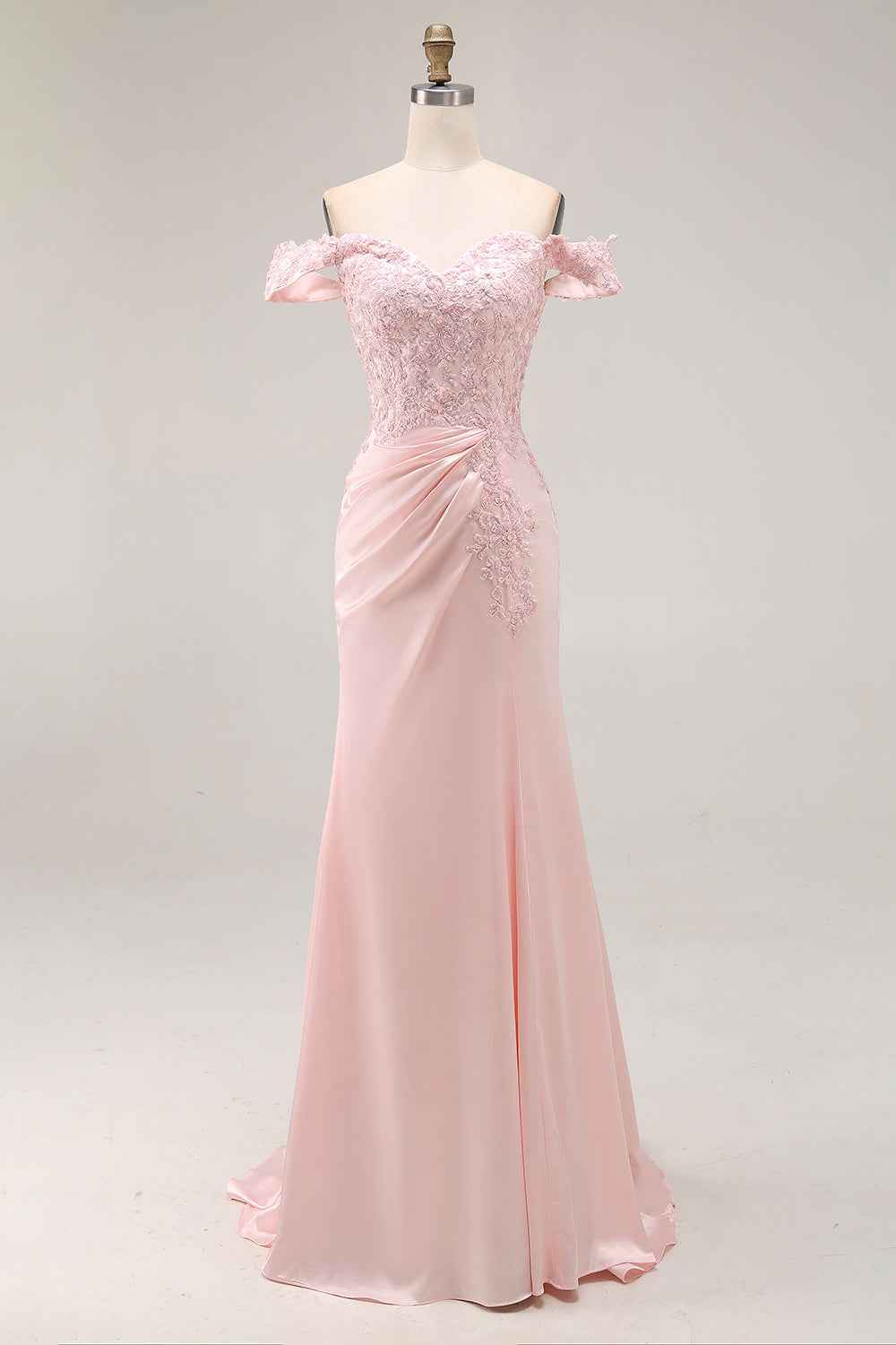 Pink A Line Satin Off the Shoulder Long Prom Dress with Lace