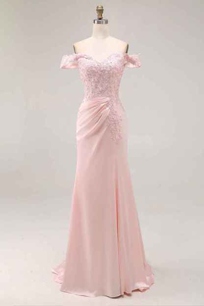 Pink A Line Satin Off the Shoulder Long Prom Dress with Lace