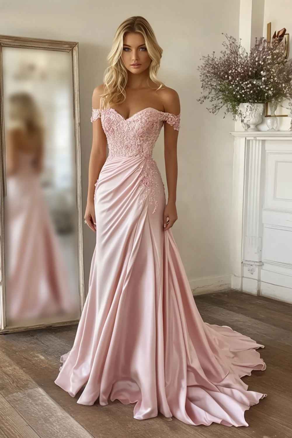 Pink A Line Satin Off the Shoulder Long Prom Dress with Lace