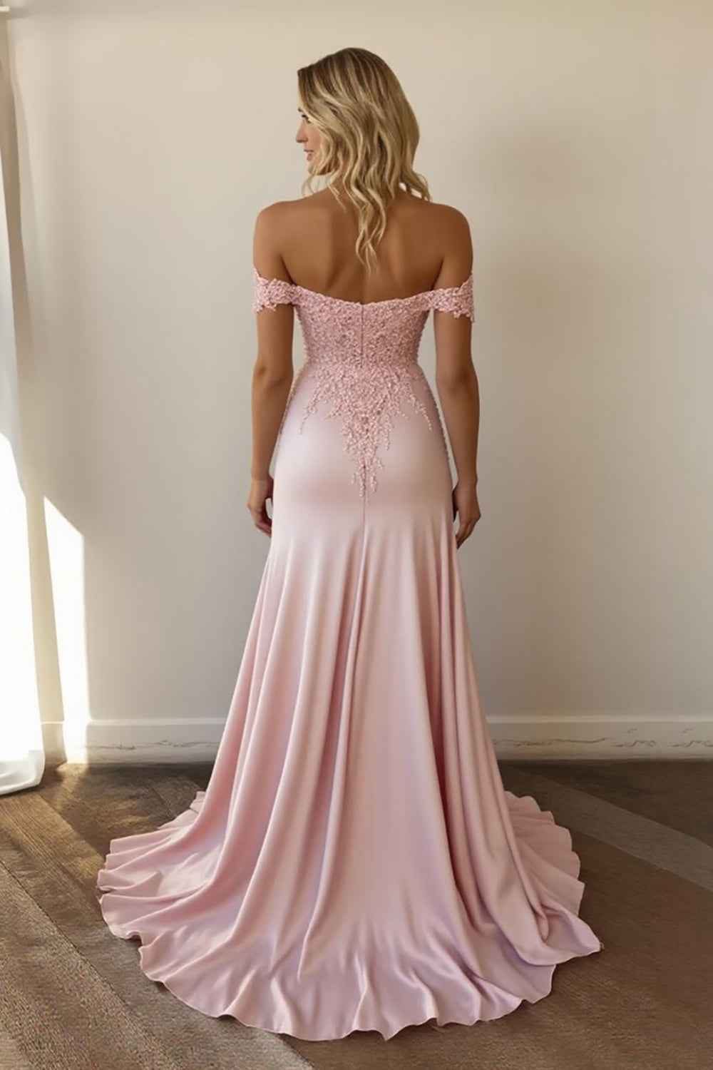 Pink A Line Satin Off the Shoulder Long Prom Dress with Lace