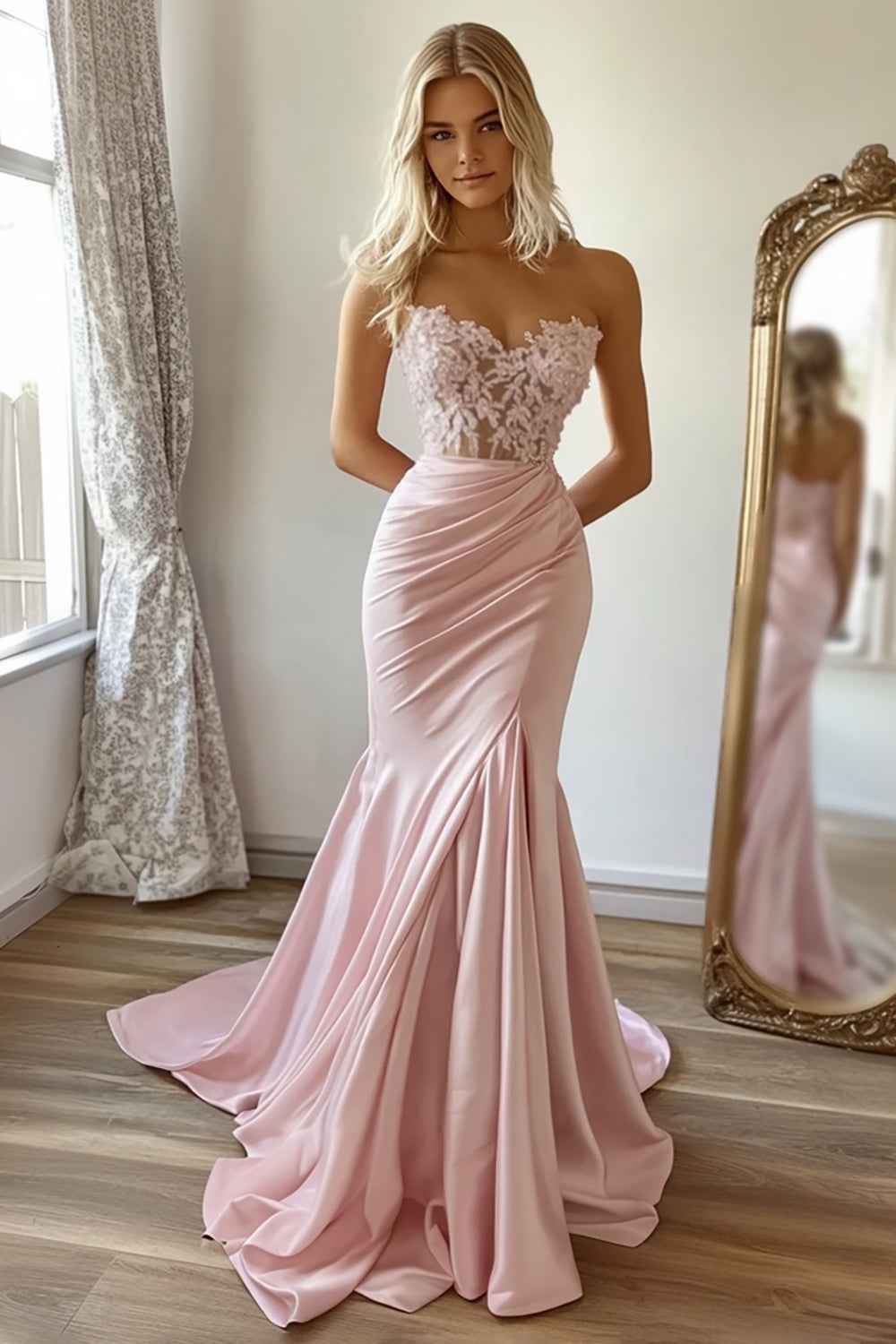 Elegant Pink Mermaid Satin Strapless Long Corset Prom Dress with Lace