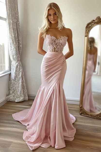 Elegant Pink Mermaid Satin Strapless Long Corset Prom Dress with Lace