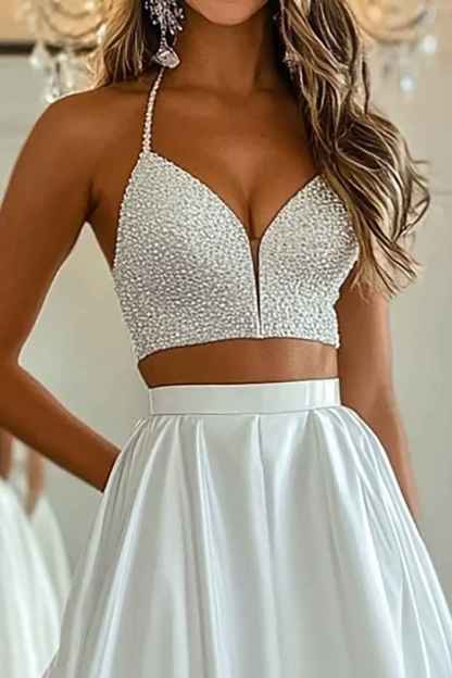 White A Line 2 Piece Satin V-Neck Long Prom Dress with Slit