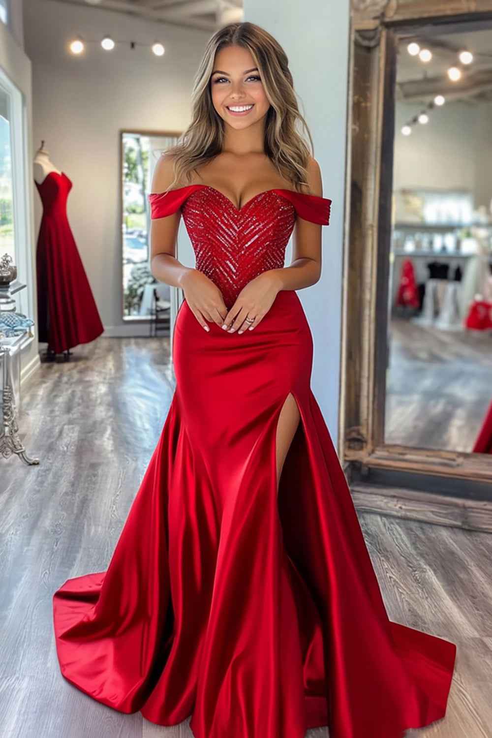 Red Mermaid Off the Shoulder Long Satin Prom Dress with Slit