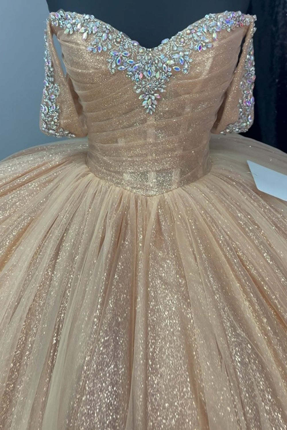 Off the Shoulder Quinceanera Dress in Sparkly Champagne Tulle