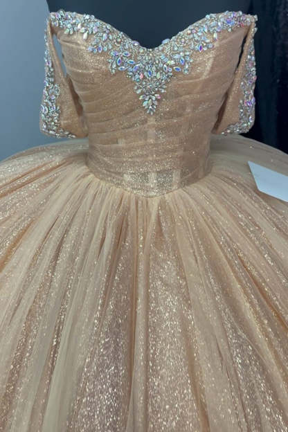 Off the Shoulder Quinceanera Dress in Sparkly Champagne Tulle