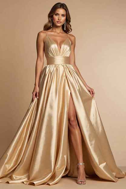 Golden A Line Satin Spaghetti Straps Long Prom Dress with Slit