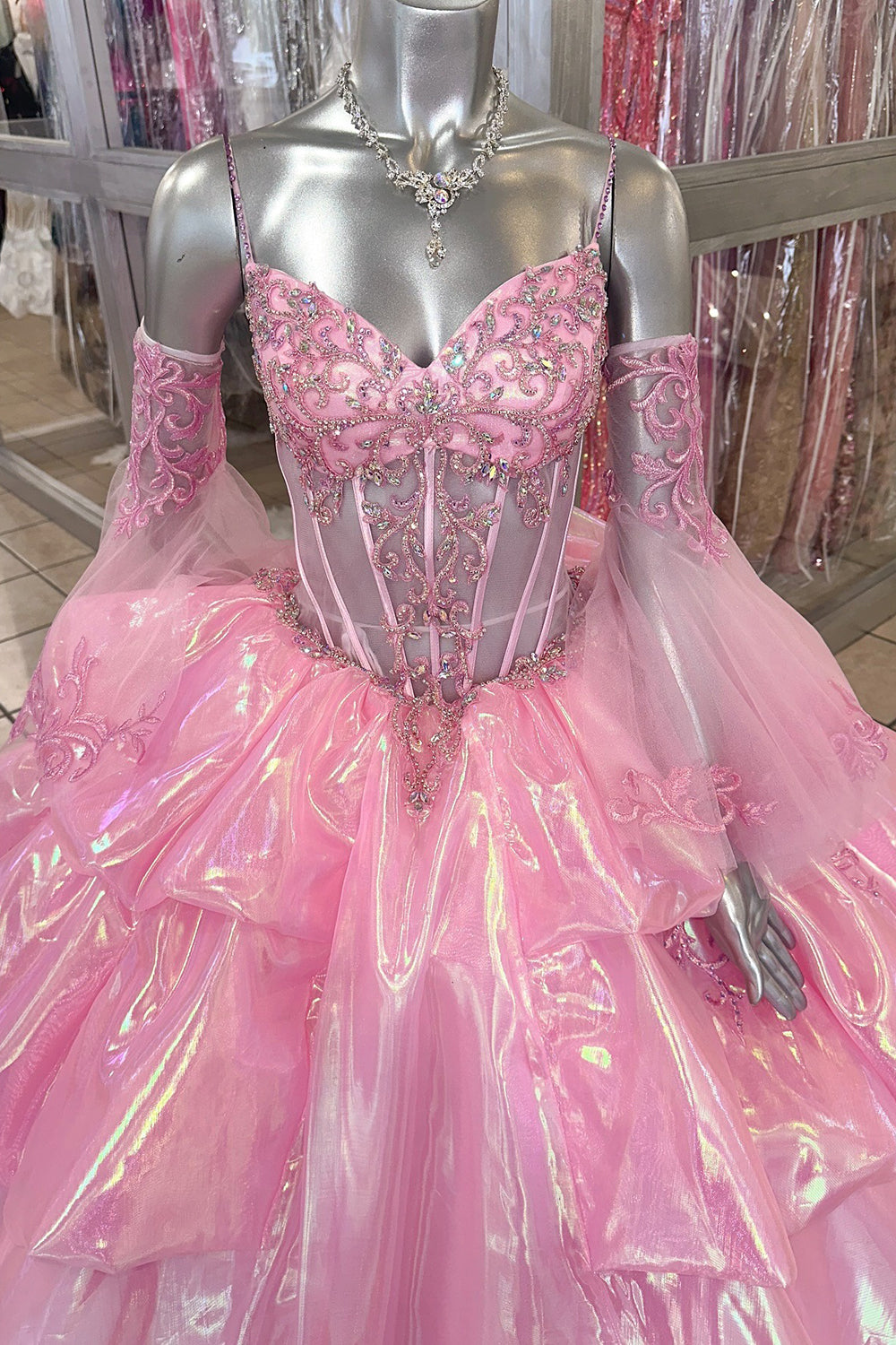 Pink Sparkle Corset Princess Gown with Long Sleeves and Beaded Details for Quinceanera