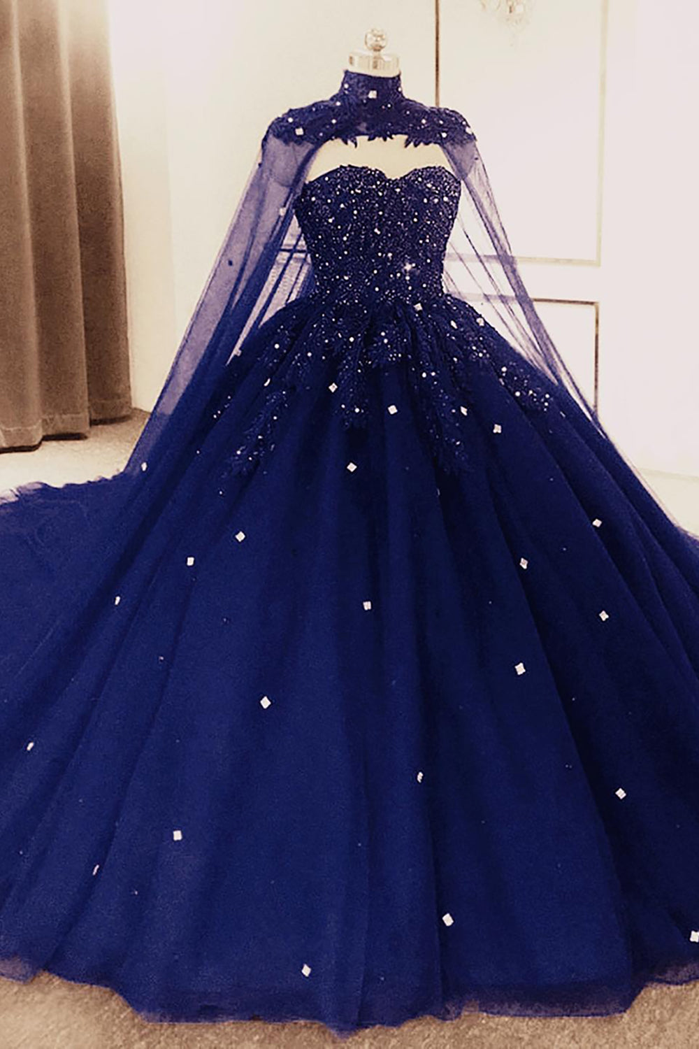 Long Beaded Navy Tulle Princess Ball Gown with Sparkly Cape for Quinceanera
