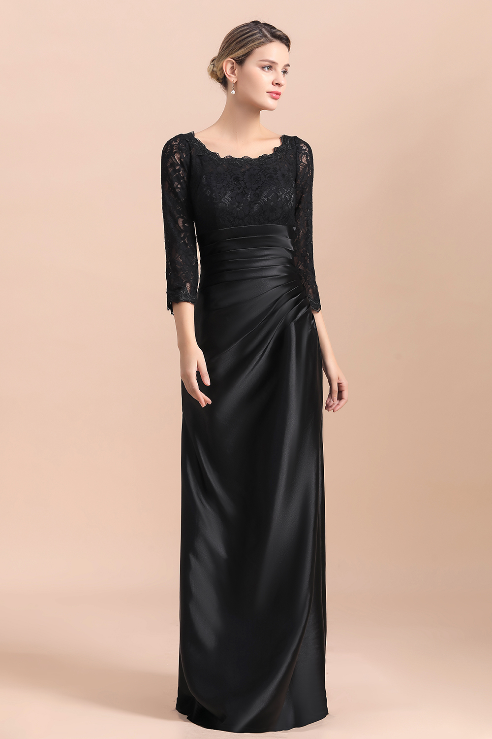 BMbridal Elegant Jewel 3/4 Sleeves Black Satin Lace Ruffles Mother of Bride Dress On Sale-BMbridal