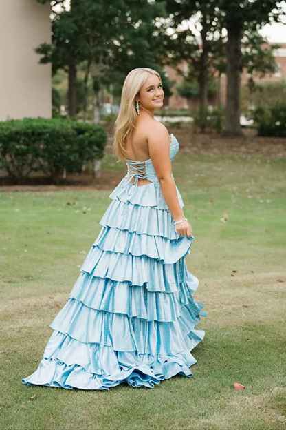 Sparkly Yellow Sweetheart A-Line Satin Ruffled Cut-Out Long Prom Dress with Beading