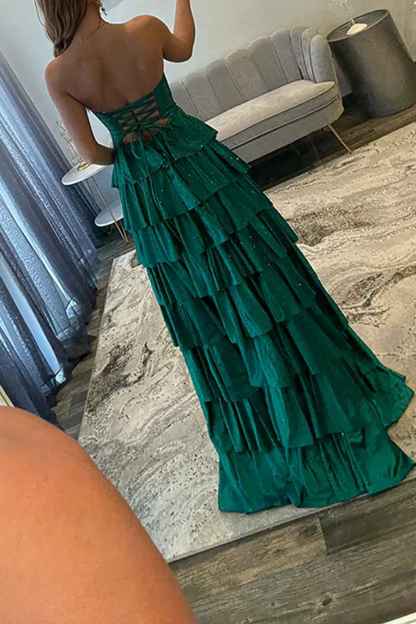 Sparkly Yellow Sweetheart A-Line Satin Ruffled Cut-Out Long Prom Dress with Beading