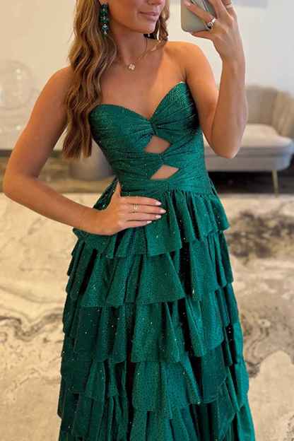 Sparkly Yellow Sweetheart A-Line Satin Ruffled Cut-Out Long Prom Dress with Beading