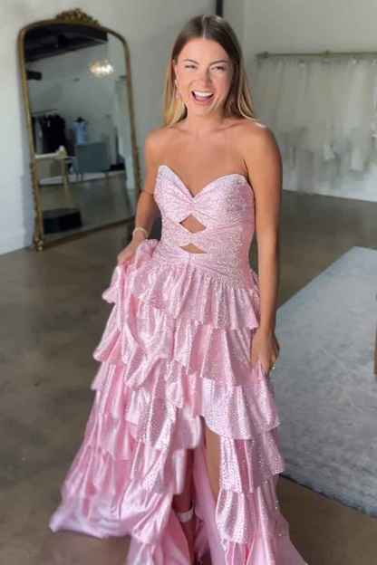 Sparkly Yellow Sweetheart A-Line Satin Ruffled Cut-Out Long Prom Dress with Beading