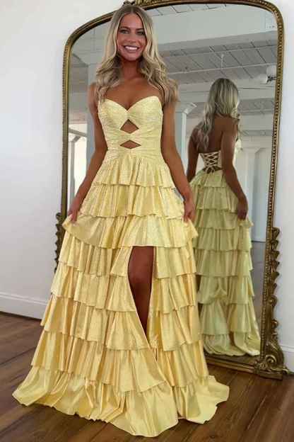 Sparkly Yellow Sweetheart A-Line Satin Ruffled Cut-Out Long Prom Dress with Beading