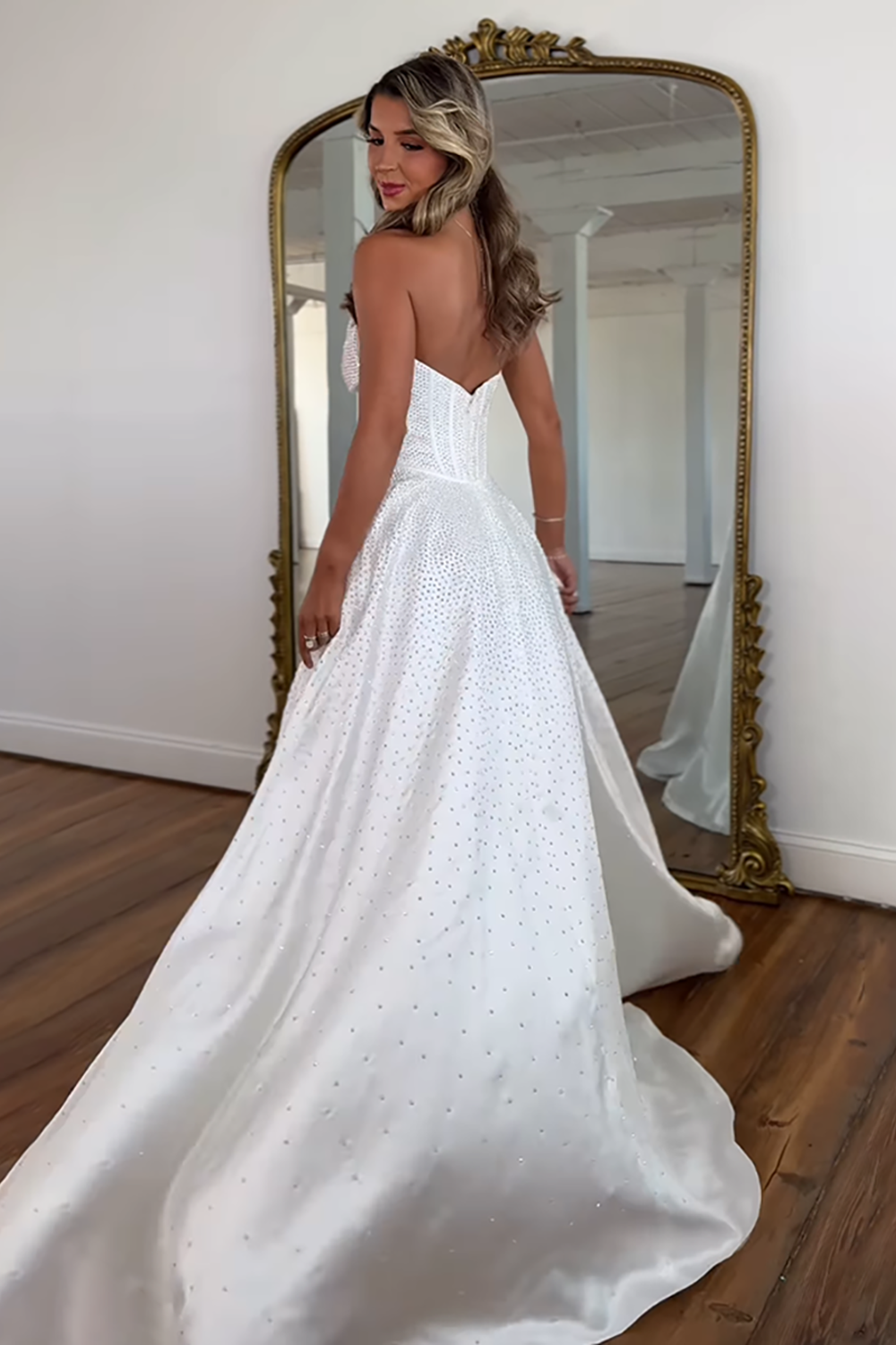 Sparkly White Sweetheart Beaded Princess Long Corset Prom Dress with Bow