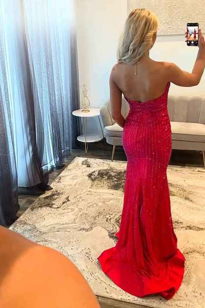 Sparkly Red Sweetheart Beaded Mermaid Cut-Out Long Prom Dress with Slit