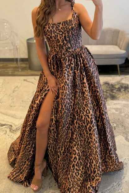Brown Leopard Thick Straps A-Line Long Corset Prom Dress with Slit