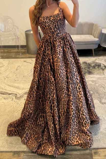 Brown Leopard Thick Straps A-Line Long Corset Prom Dress with Slit