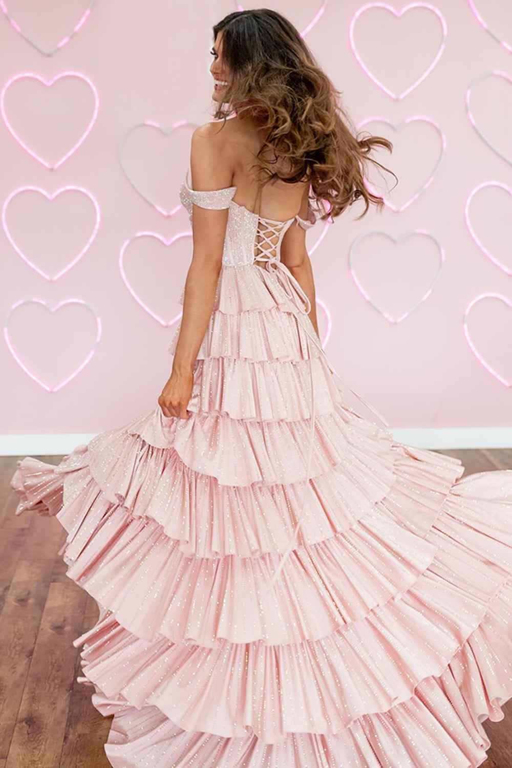 Sparkly Pink Off the Shoulder A-Line Ruffled Long Corset Prom Dress with Beading