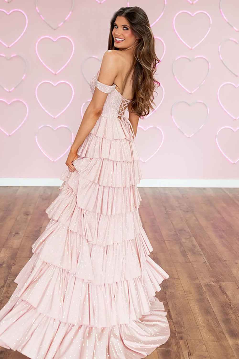 Sparkly Pink Off the Shoulder A-Line Ruffled Long Corset Prom Dress with Beading