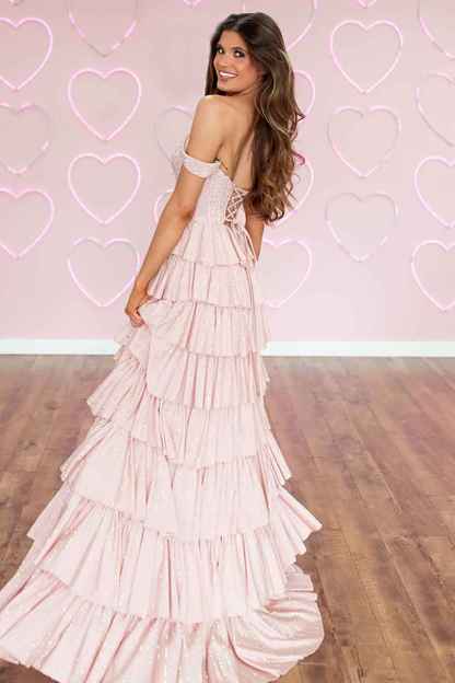 Sparkly Pink Off the Shoulder A-Line Ruffled Long Corset Prom Dress with Beading