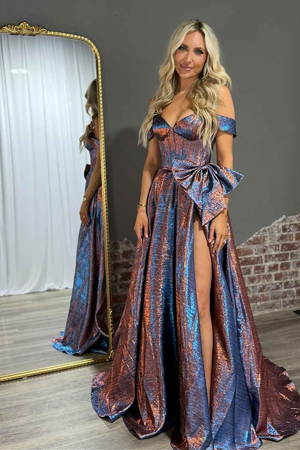 Sparkly Blue Off the Shoulder Metallic A-Line Long Corset Prom Dress with Bow