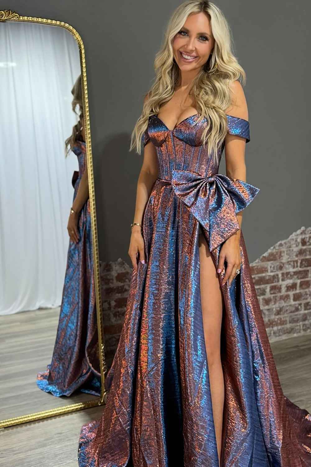 Sparkly Blue Off the Shoulder Metallic A-Line Long Corset Prom Dress with Bow