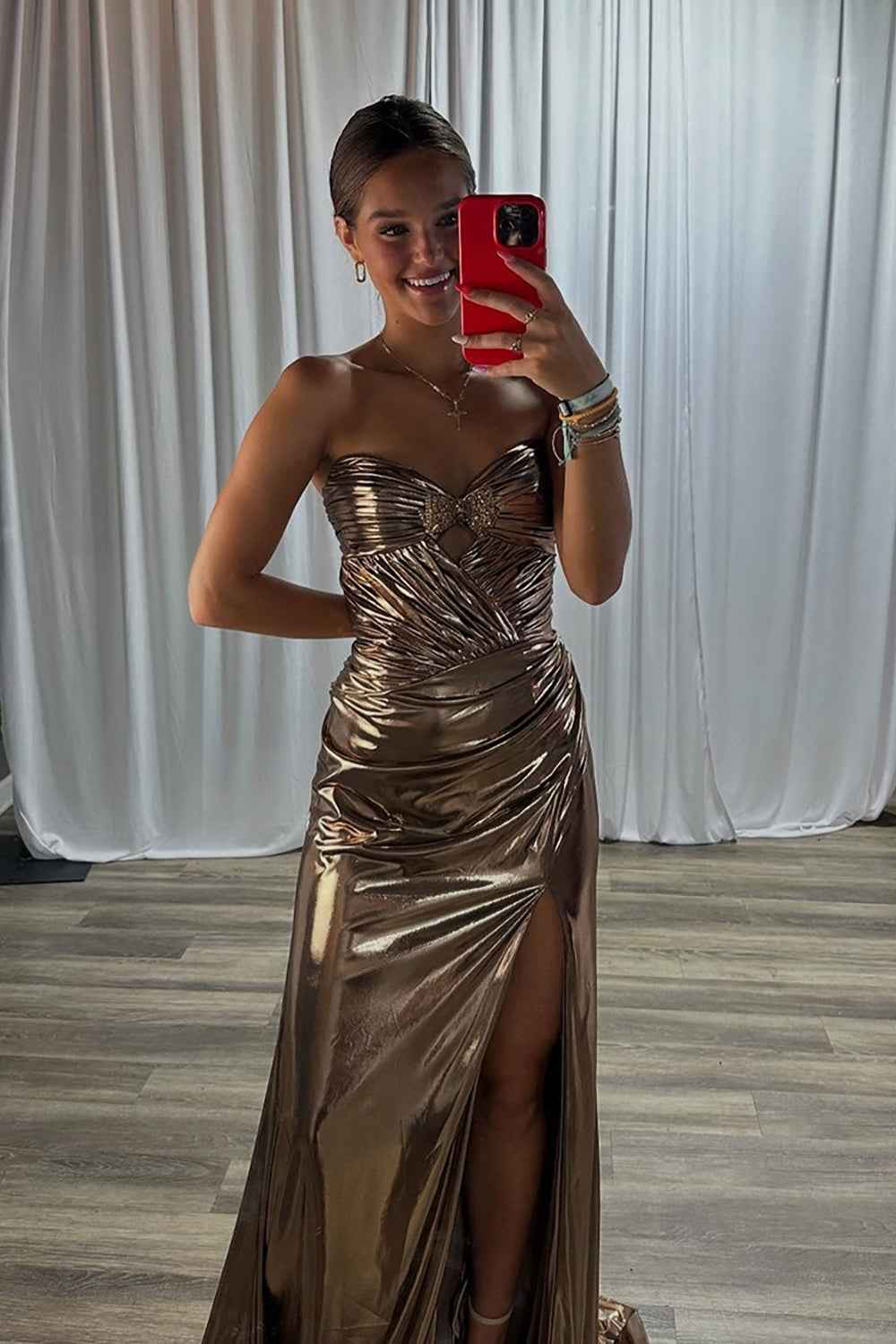 Sparkly Gold Sweetheart Metallic Ruched Mermaid Long Prom Dress with Slit