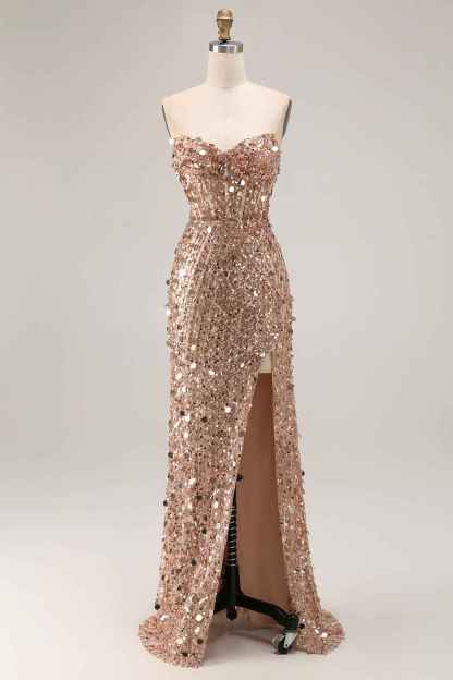 Sparkly Gold Mermaid Sequins Sweetheart Long Corset Prom Dress with Slit