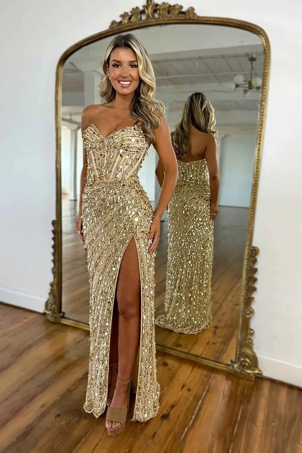 Sparkly Gold Fully Beaded Prom Dress with Deep V Neck Slit and Open Back