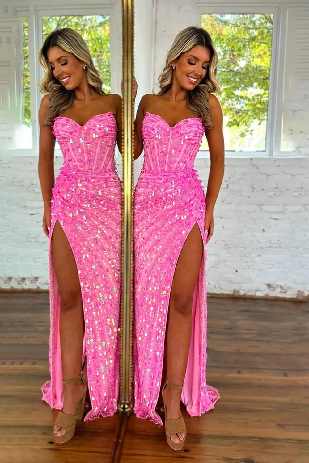 Sparkly Gold Fully Beaded Prom Dress with Deep V Neck Slit and Open Back