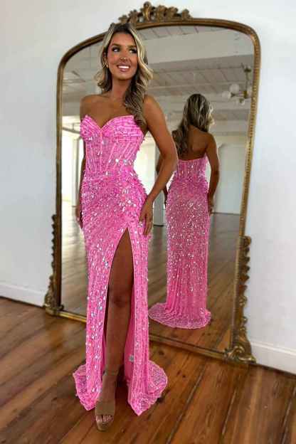 Sparkly Gold Mermaid Sequins Sweetheart Long Corset Prom Dress with Slit