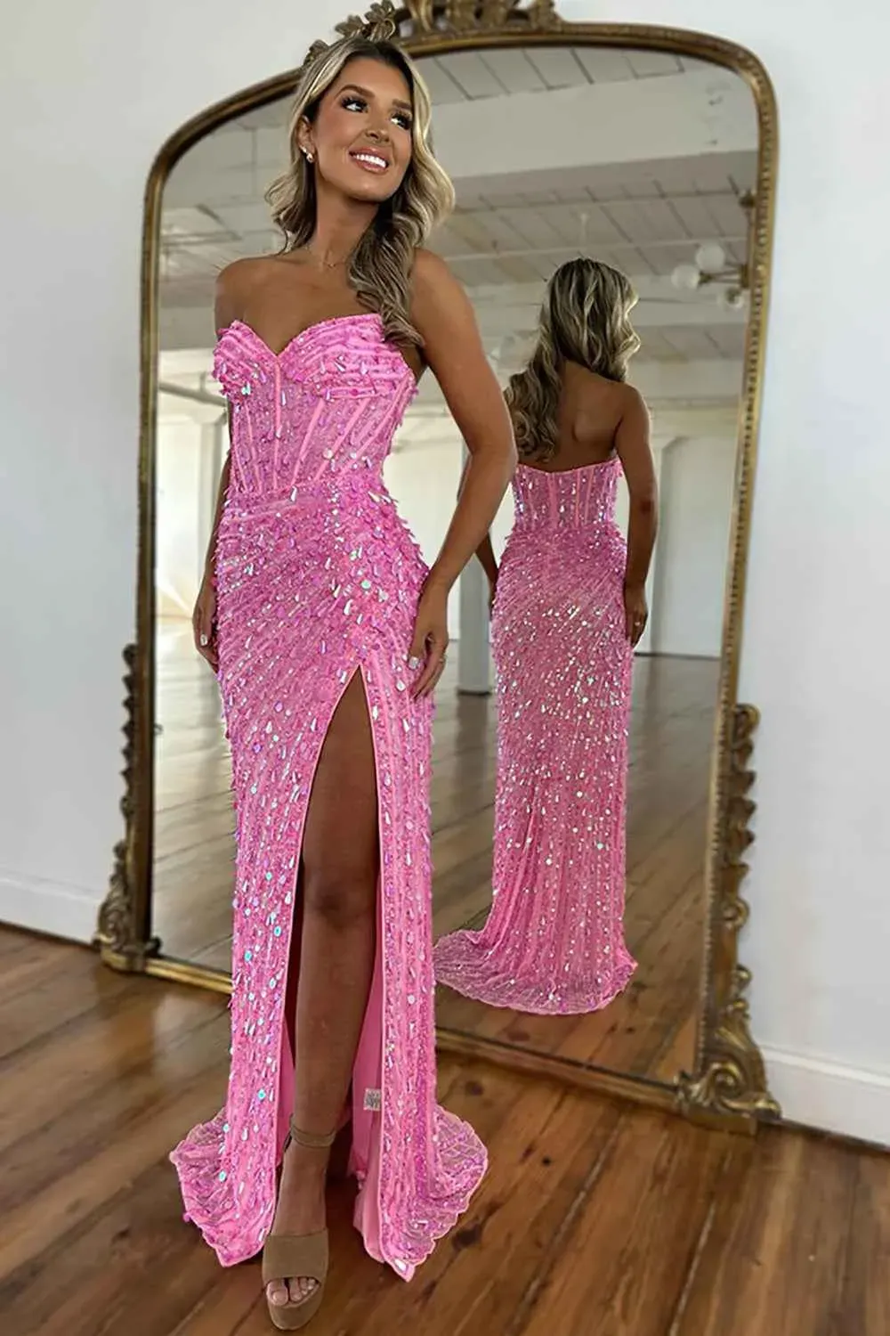 Sparkly Gold Fully Beaded Prom Dress with Deep V Neck Slit and Open Back