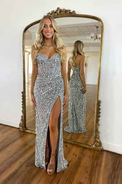 Sparkly Gold Mermaid Sequins Sweetheart Long Corset Prom Dress with Slit