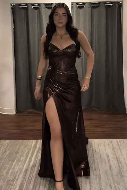 Sparkly Brown Metallic Sweetheart Mermaid Long Corset Prom Dress with Beading