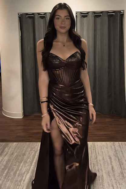 Sparkly Brown Metallic Sweetheart Mermaid Long Corset Prom Dress with Beading