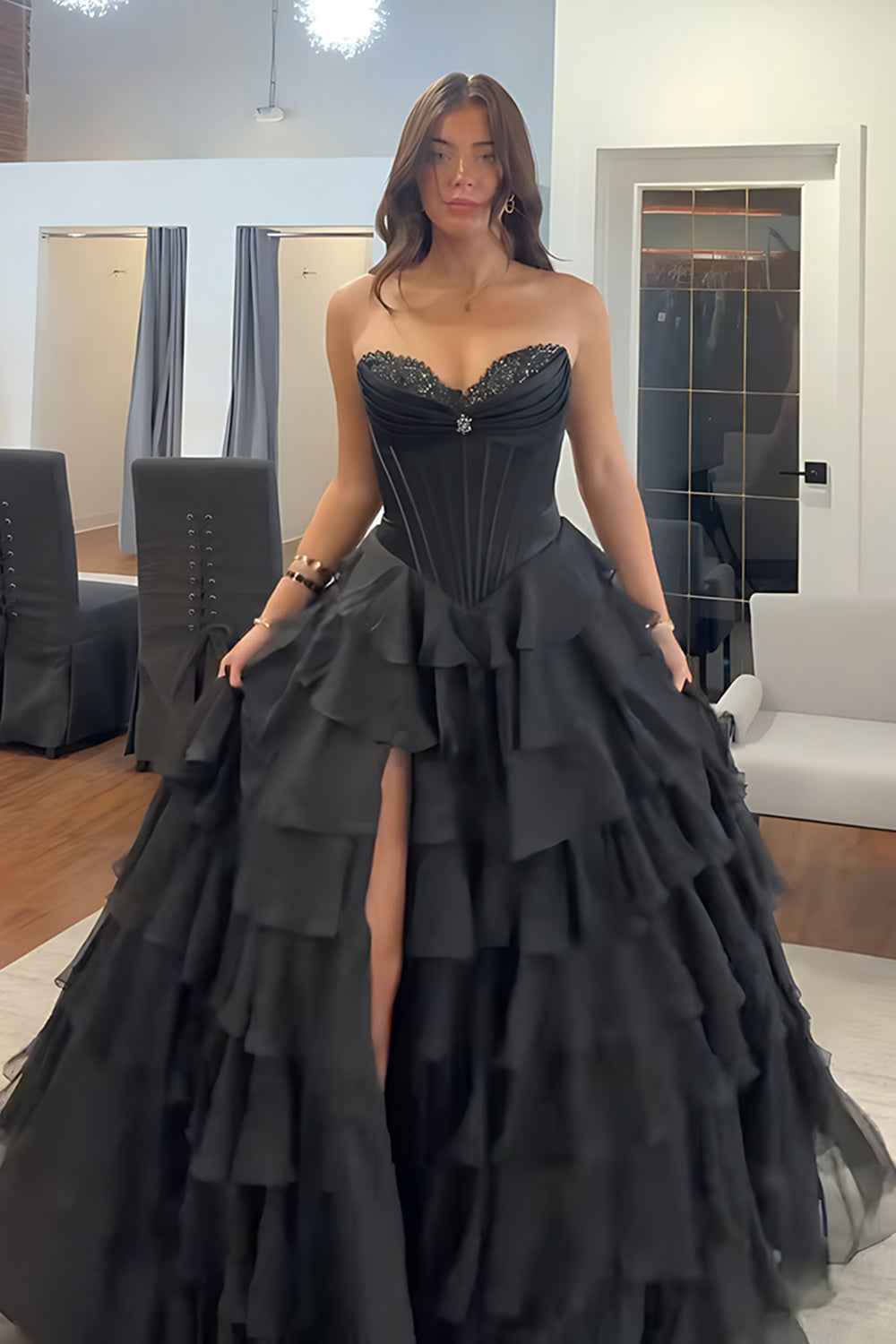 Black Sweetheart Princess Ruffled Long Corset Prom Dress with Beading