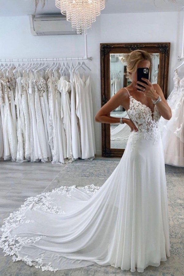Bmbridal Spaghetti-Straps Open Back Wedding Dress Sleeveless With Appliques-BMbridal