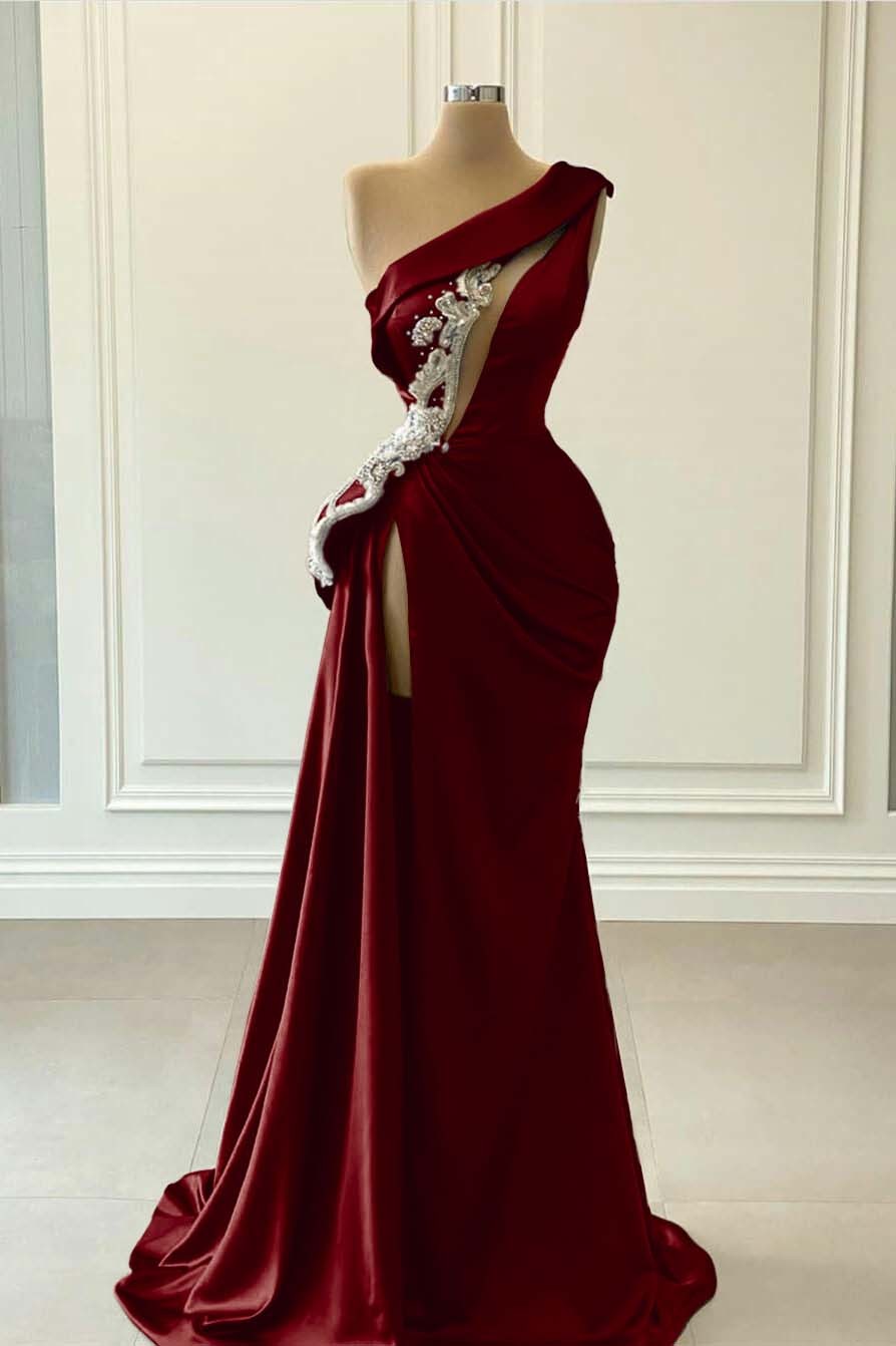 One Shoulder Sleeveless Blue High Split Long Mermaid Prom Dress With Beaded