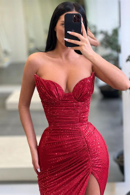 Bmbridal Red Mermiad Sweetheart Sleeveless Prom Dress with Ruffles