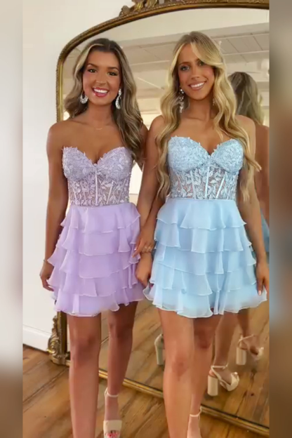 Lilac A-Line Strapless Tiered Corset Short Homecoming Dress with Appliques