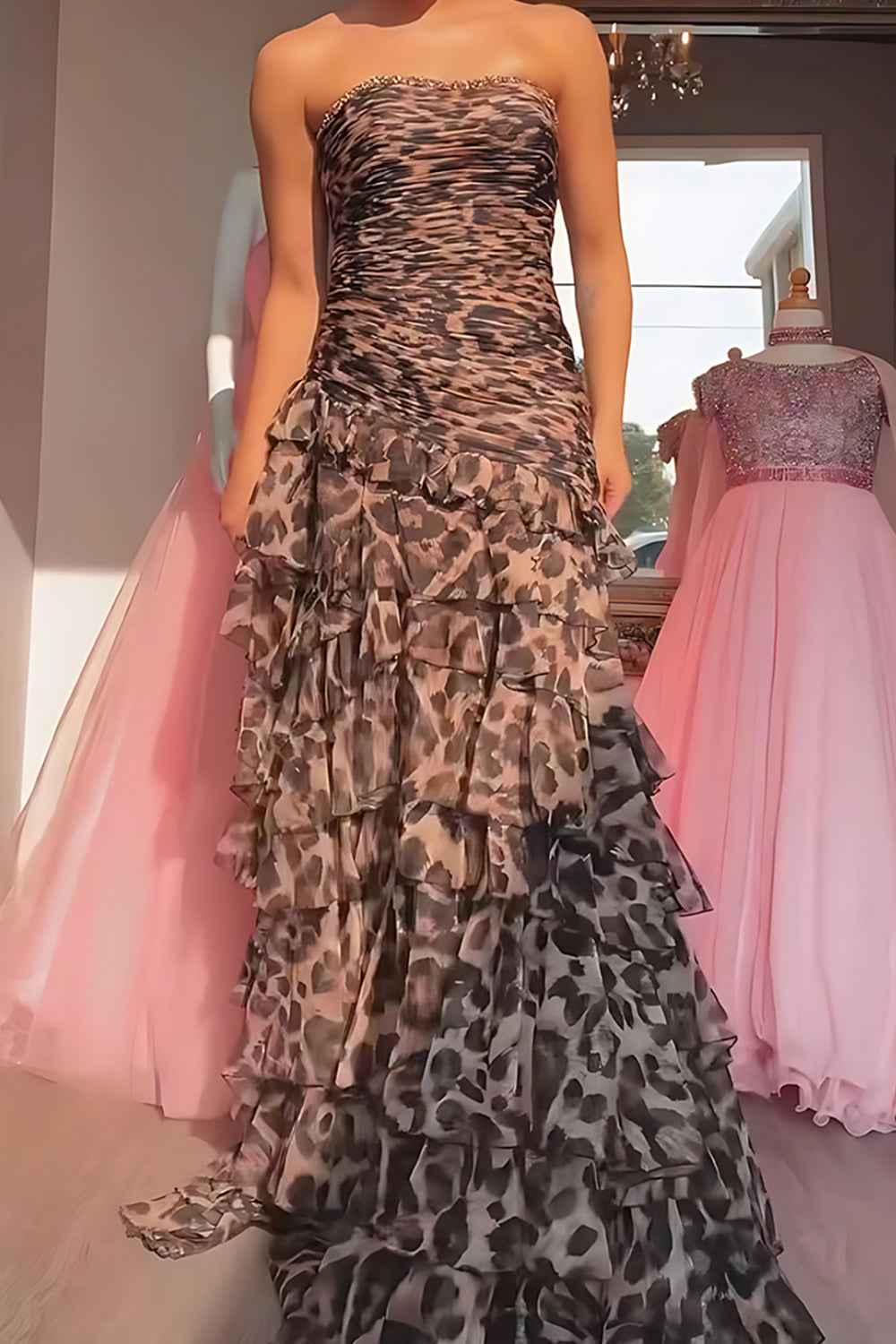 Sparkly Brown Leopard Beaded Strapless Tiered Long Prom Dress with Ruffles