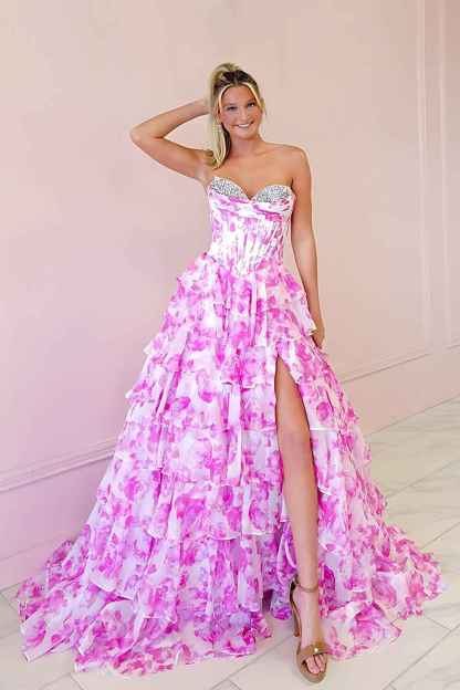 Sparkly Fuchsia Floral Sweetheart Tiered Corset Long Prom Dress with Slit