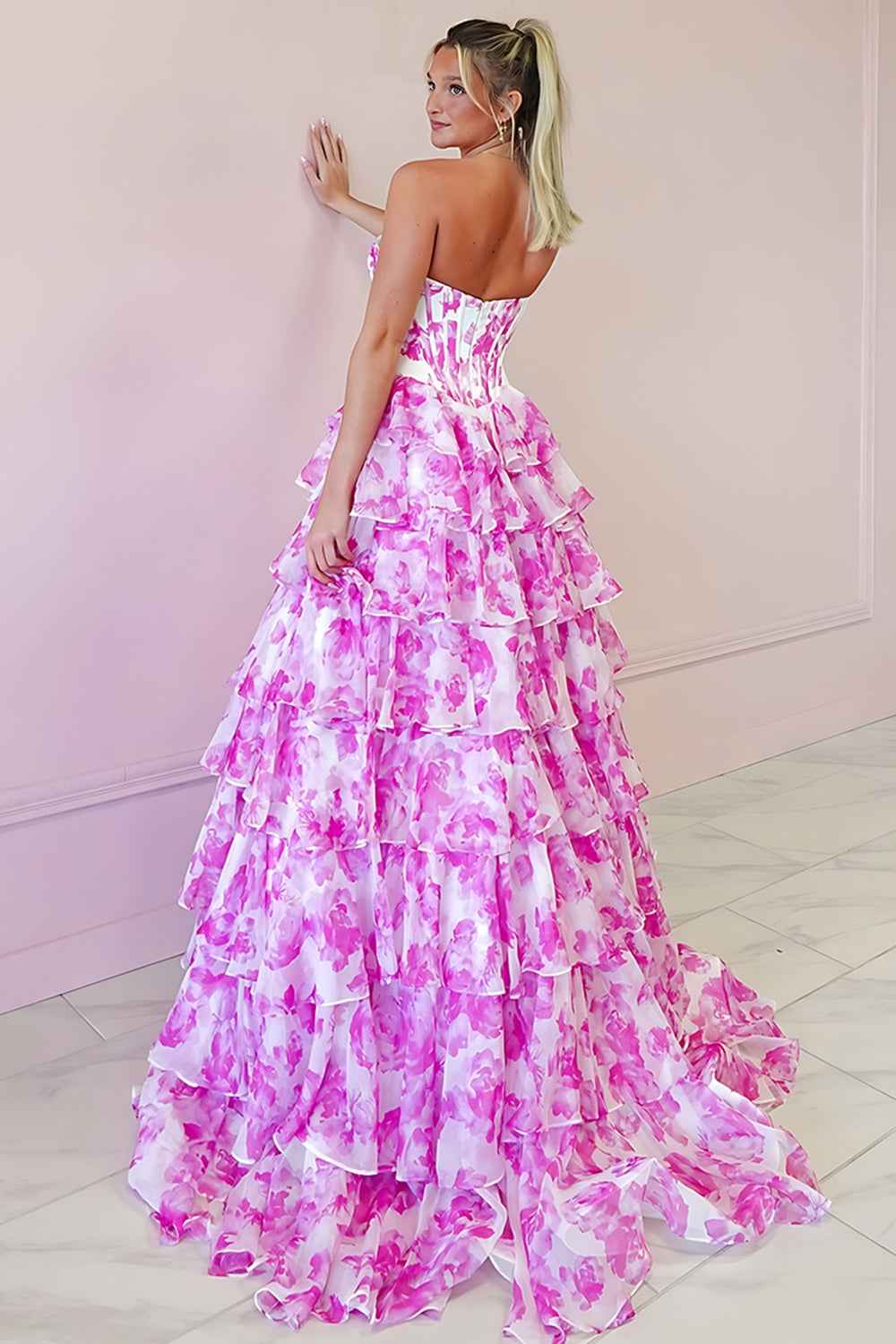 Sparkly Fuchsia Floral Sweetheart Tiered Corset Long Prom Dress with Slit