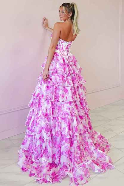 Sparkly Fuchsia Floral Sweetheart Tiered Corset Long Prom Dress with Slit