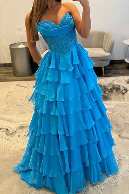 Red A-Line Sweetheart Tiered Ruffled Long Corset Prom Dress with Lace